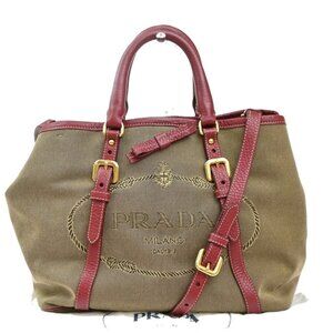 PRADA MILANO Logo 2Way Shoulder Hand Bag Canvas Leather Brown Red